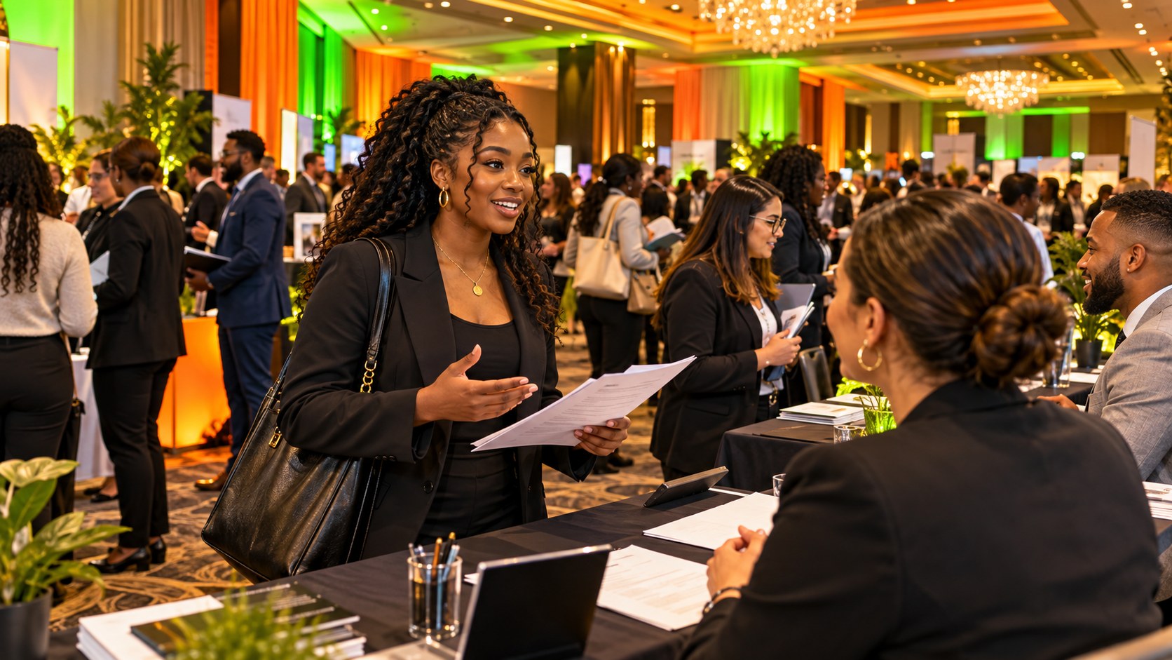 Diverse job seekers speaking with employers at a professional career expo
