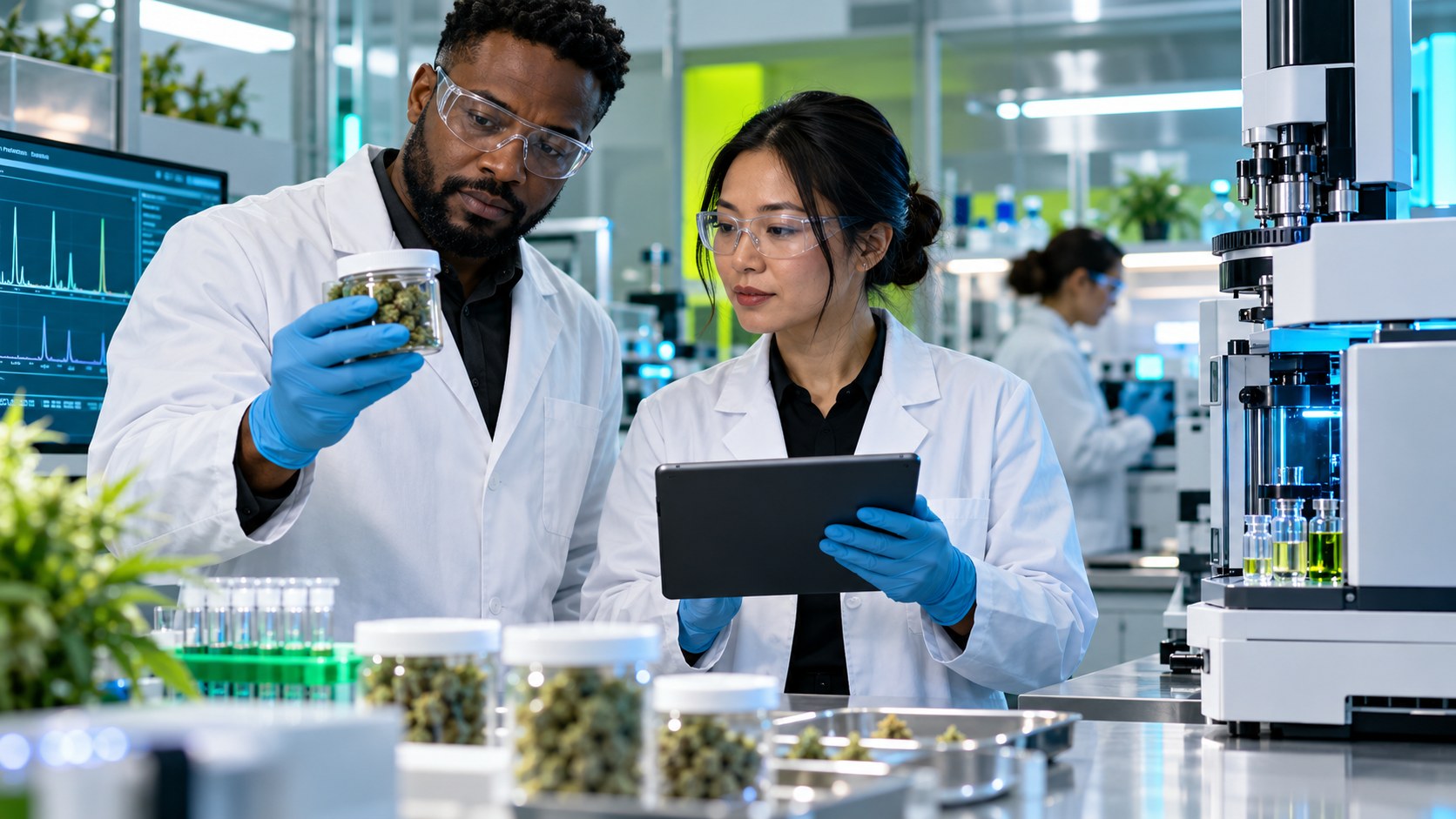 Laboratory and compliance employees reviewing a sample in a testing workspace
