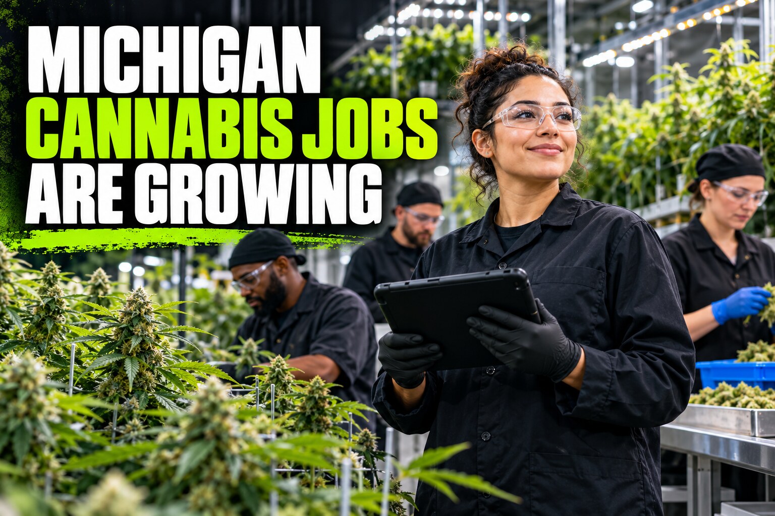 Michigan cannabis cultivation team at work with the headline Michigan cannabis jobs are growing