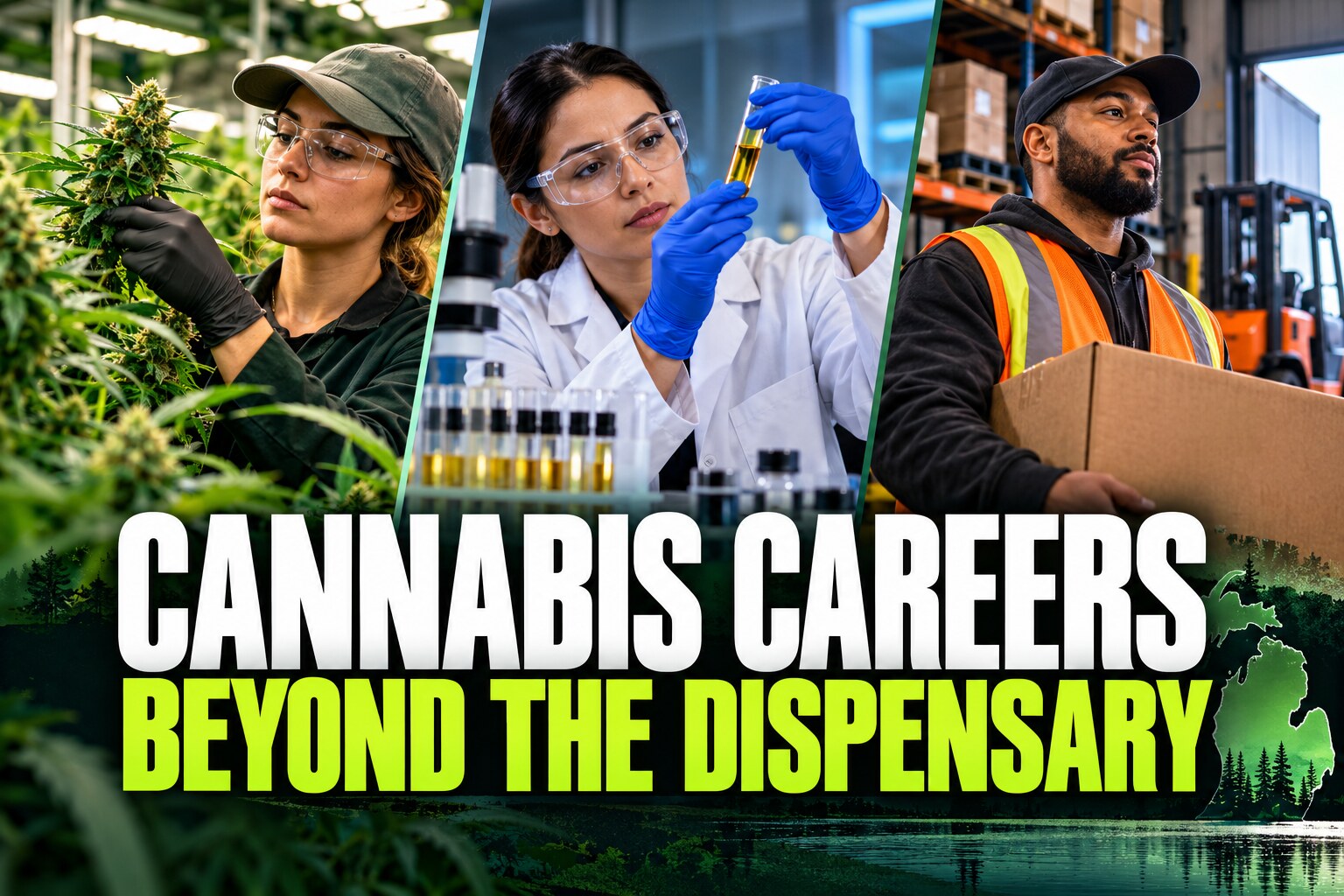Cultivation, laboratory, and logistics professionals representing cannabis careers beyond dispensaries