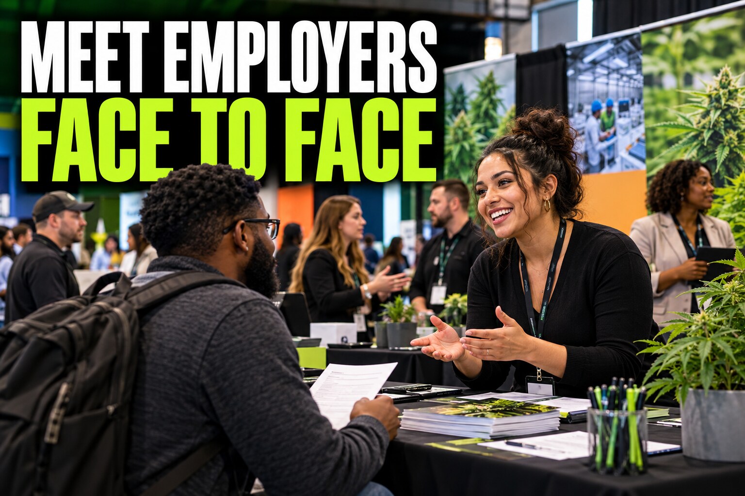 Candidate speaking face to face with a cannabis employer at a job fair