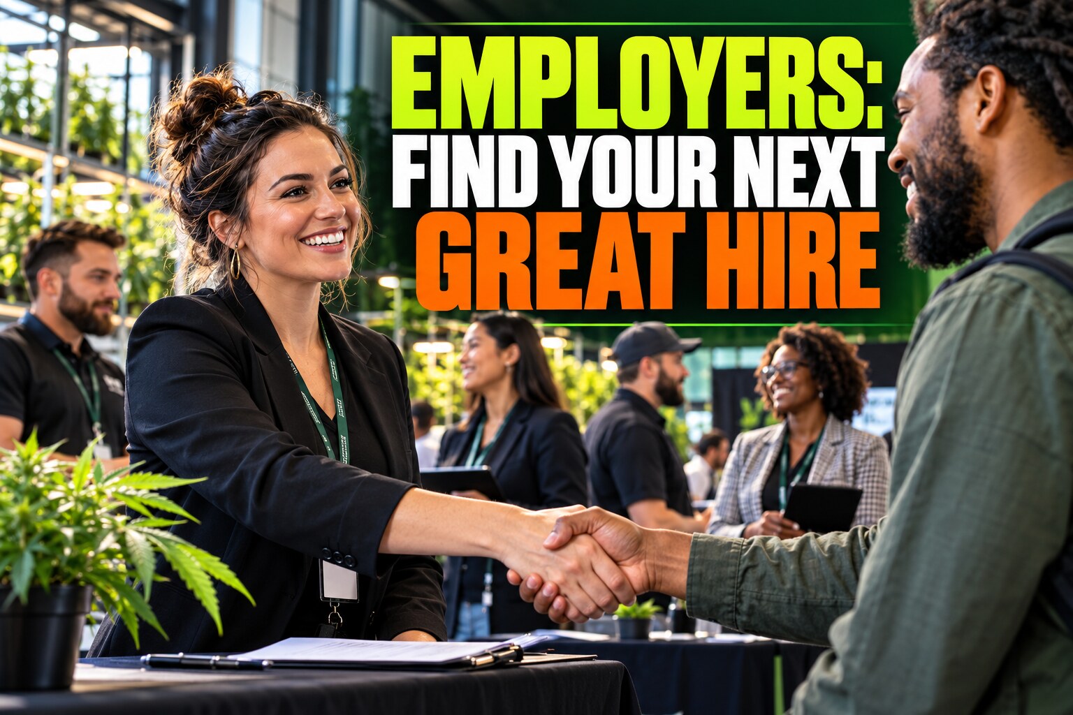 Cannabis employer greeting a prospective candidate at a recruiting event